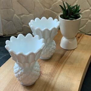 INDIANA GLASS | Set of 2 | Vintage Pineapple Milk Glass Candle Holders.